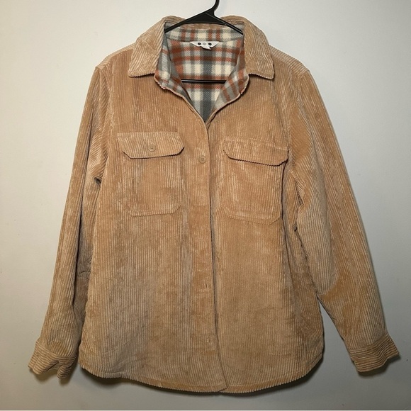 Three Dots Jackets & Blazers - Three Dots Tan Corduroy Style Jacket with Plaid Lining Size M